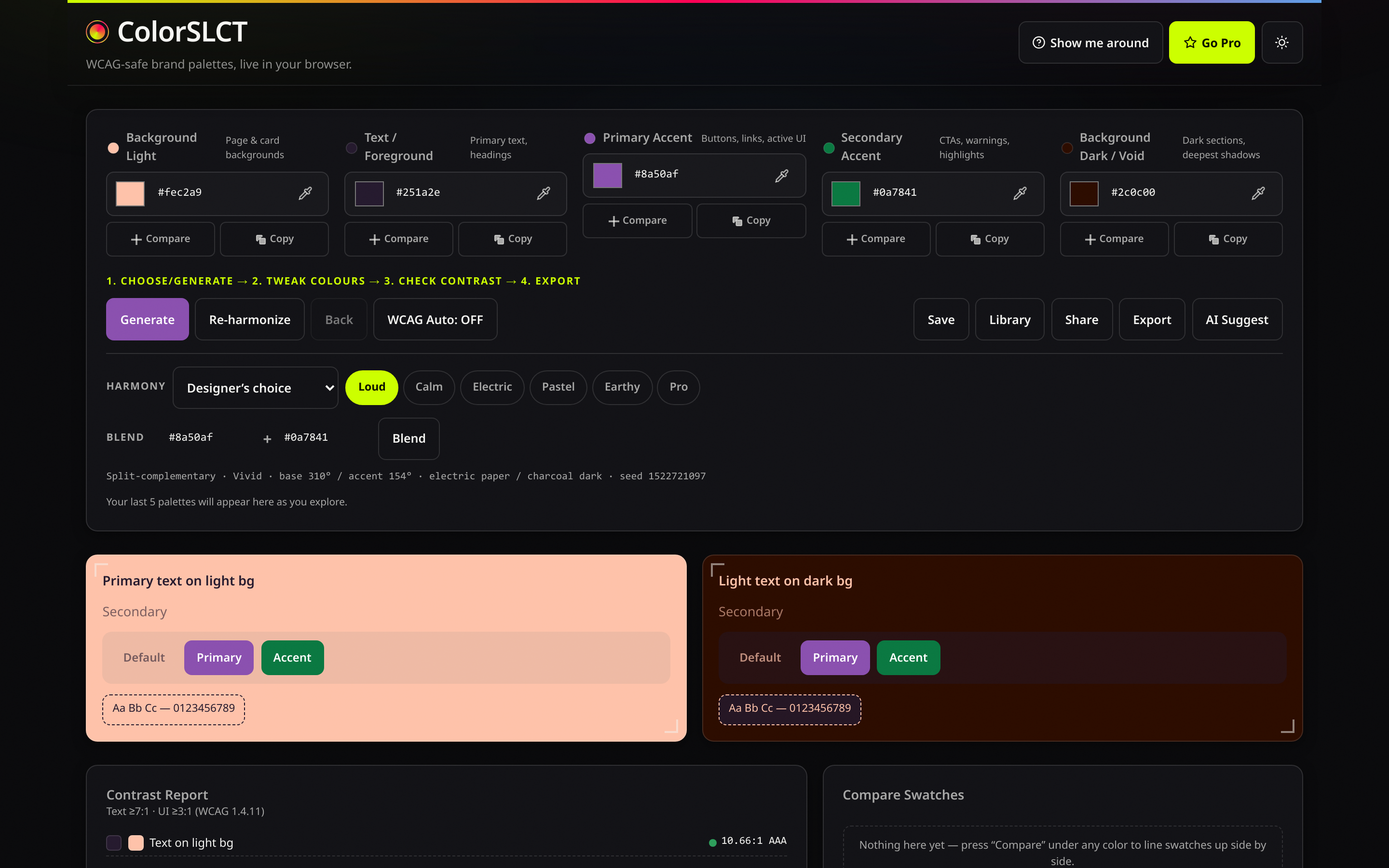 ColorSLCT studio in dark theme: a five-swatch palette row with hex codes, mood and harmony chips, and live preview mockups