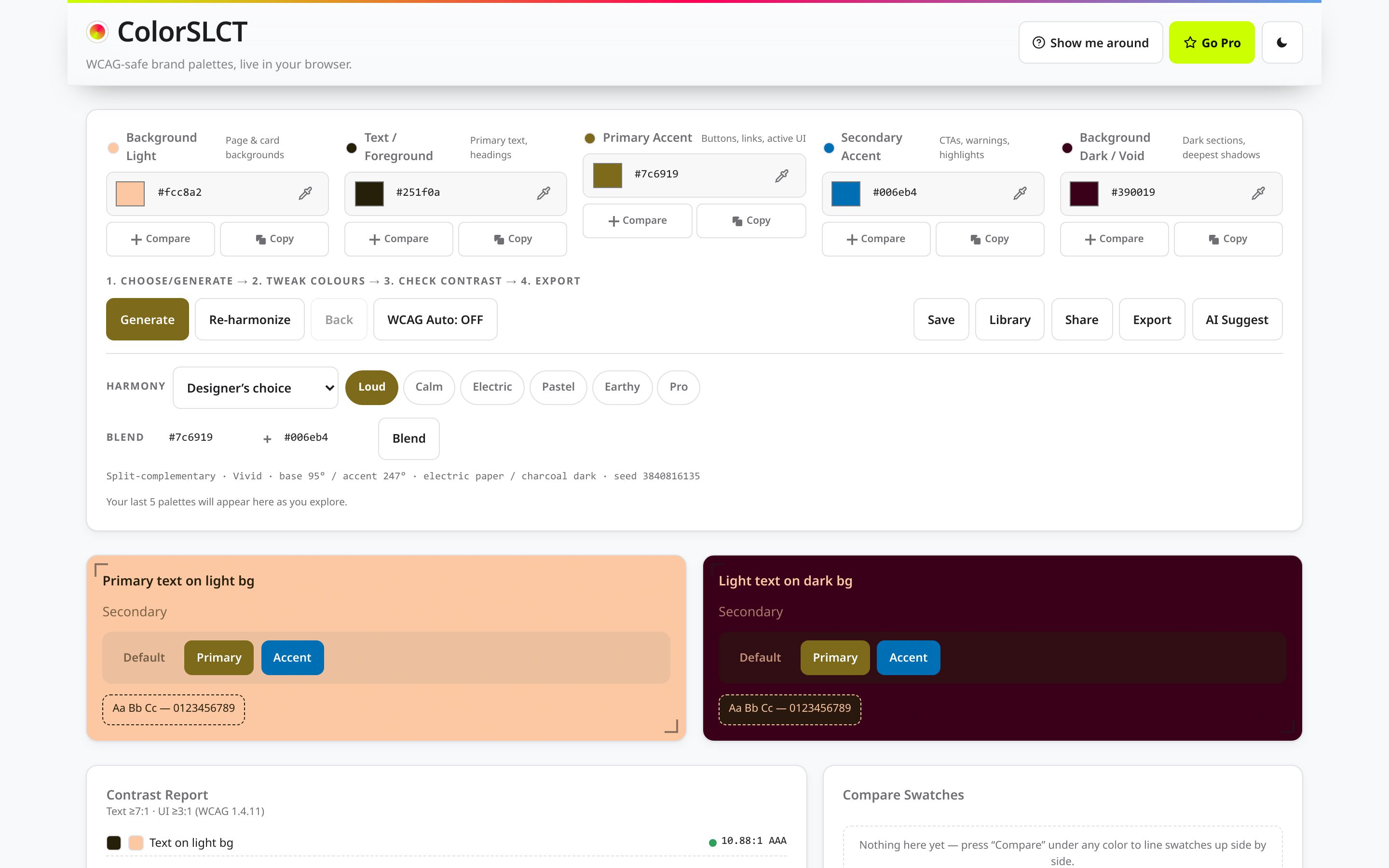 ColorSLCT studio in light theme showing the contrast report with pass marks and numbers for each color pairing