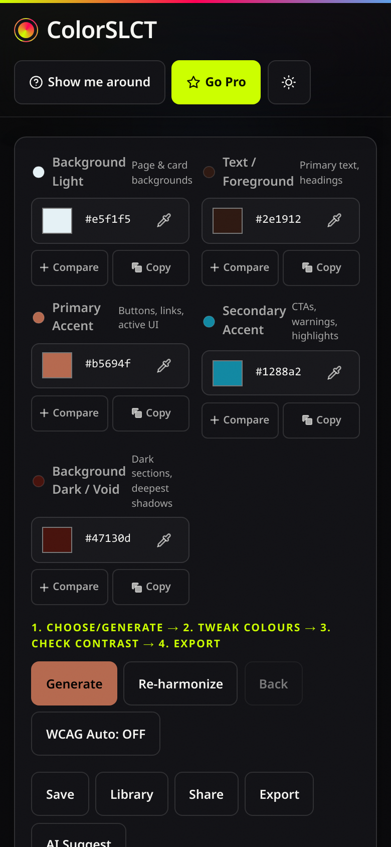 ColorSLCT studio on a 390px-wide phone screen with full-width swatches and touch-sized controls